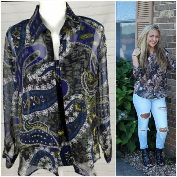 Liz Baker Petite Sheer Blue Black Green Paisley Print Button Front Blouse - Picture 2 of 5